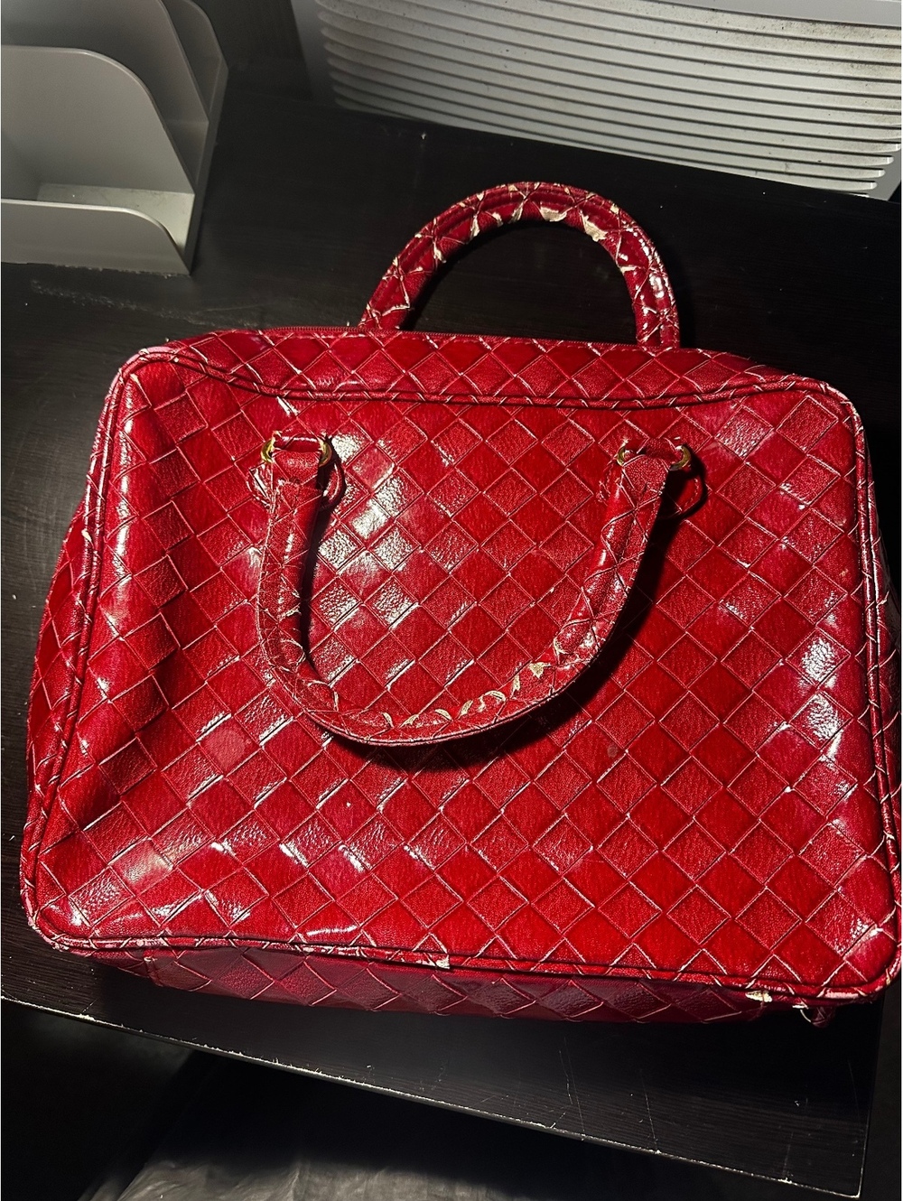 Red Woven Leather Tote Bag with Gold Hardware